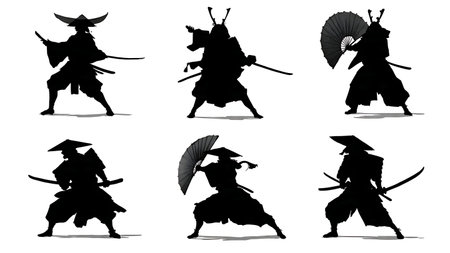 Samurai with Iron War Fan (Tessen) Silhouette Set isolated on plain white background.のイラスト素材