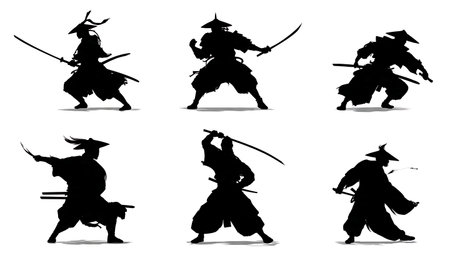 Samurai with Wakizashi Short Sword Silhouette Pack isolated on plain white background.のイラスト素材