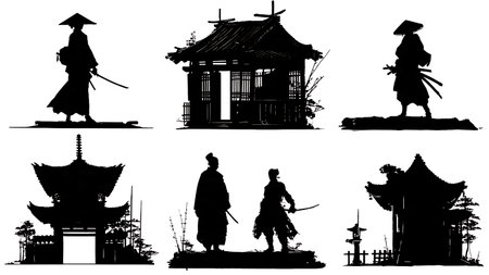 Lone Samurai Returning Home Silhouette Scenes isolated on plain white background.のイラスト素材