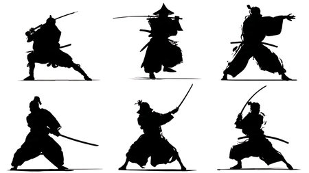 Samurai Two-Handed Sword Block Silhouette Pack isolated on plain white background.のイラスト素材