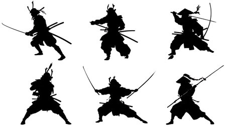 Samurai with Yari Spear Silhouette Pack isolated on plain white background.のイラスト素材