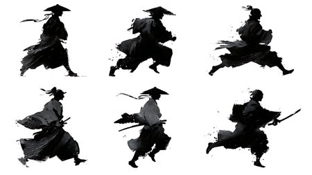Samurai Running in Rain Dynamic Silhouette Pack isolated on plain white background.のイラスト素材