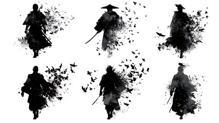 Abstract Dissolving Samurai Silhouette Fantasy Set isolated on plain white background.のイラスト素材