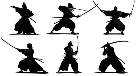 Samurai with Two Swords (Daisho) Silhouette Set isolated on plain white background.のイラスト素材