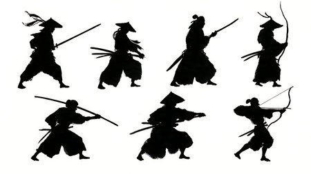 Samurai with Various Traditional Weapons Silhouette Set isolated on plain white background.のイラスト素材