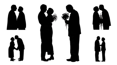 Elderly Couple Vow Renewal Silhouette Collection isolated on plain white background.のイラスト素材