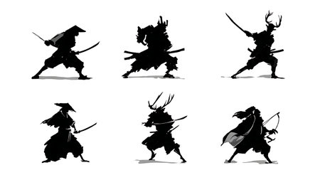 Samurai vs. Mythical Monster Silhouette Battle Set isolated on plain white background.のイラスト素材