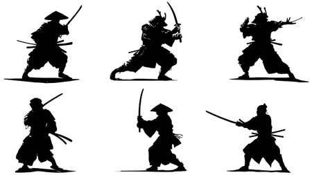 Defensive Samurai Blocking Pose Silhouette Pack isolated on plain white background.のイラスト素材