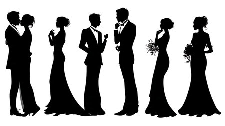 Secret Handshake Wedding Couple Silhouette Pack isolated on plain white background.のイラスト素材