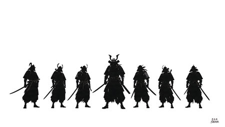 Seven Samurai Inspired Group Silhouette Set isolated on plain white background.のイラスト素材