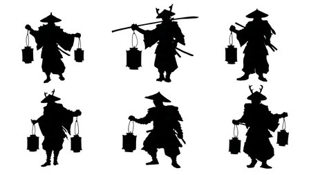 Samurai with Lantern Night Patrol Silhouette Set isolated on plain white background.のイラスト素材