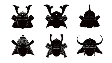 Samurai Helmet (Kabuto) Icon Silhouette Collection isolated on plain white background.のイラスト素材