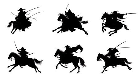 Samurai on Horseback Silhouette Vector Set isolated on plain white background.のイラスト素材