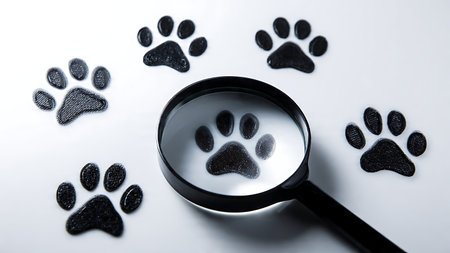 Magnifying Glass over Paw Print Silhouette Icon isolated on plain white background.