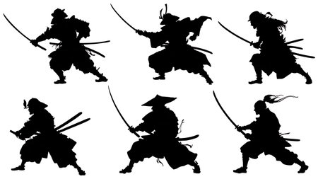 Samurai Fighting Horde Back-to-Back Silhouette Pack isolated on plain white background.のイラスト素材