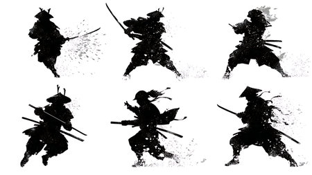 Samurai Weapon Clash with Sparks Silhouette Set isolated on plain white background.のイラスト素材