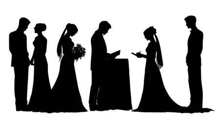 Signing Marriage Certificate Wedding Silhouette Set isolated on plain white background.のイラスト素材