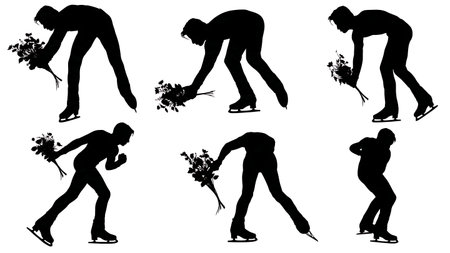 Skater Picking Up Flowers from Ice Silhouette Set isolated on plain white background.のイラスト素材