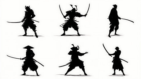 Samurai Warrior Standing Pose Silhouette Collection isolated on plain white background.のイラスト素材