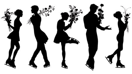 Skater Picking Up Flowers from Ice Silhouette Set isolated on plain white background.のイラスト素材