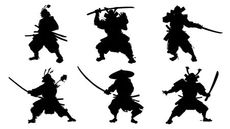 Samurai Kiai (Battle Cry) Pose Silhouette Set isolated on plain white background.のイラスト素材