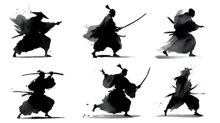 Ink Wash Style Samurai Silhouette Vector Pack isolated on plain white background.のイラスト素材
