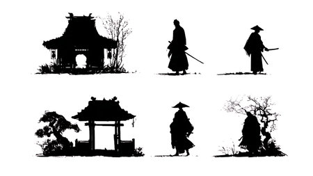 Lone Samurai Returning Home Silhouette Scenes isolated on plain white background.のイラスト素材
