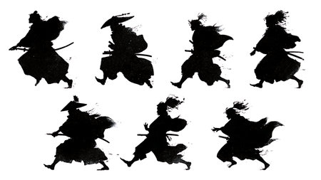 Samurai Running in Rain Dynamic Silhouette Pack isolated on plain white background.のイラスト素材