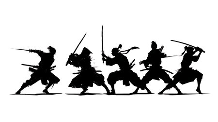 Samurai vs. Ninja Combat Silhouette Pack isolated on plain white background.のイラスト素材