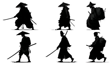 Samurai in Disguise Silhouette Collection isolated on plain white background.のイラスト素材