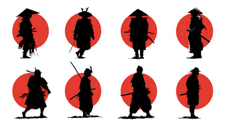 Samurai Silhouette Against Red Sun Vector Set isolated on plain white background.のイラスト素材