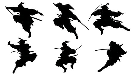Leaping and Acrobatic Samurai Silhouette Collection isolated on plain white background.のイラスト素材