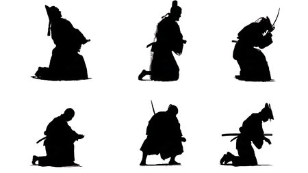 Samurai Seppuku Ritual Silhouette Collection isolated on plain white background.のイラスト素材