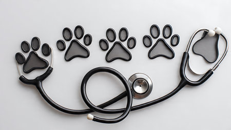 Stethoscope and Paw Print Veterinary Silhouette Icon isolated on plain white background.のイラスト素材