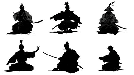 Top-Down Bird's-Eye View Samurai Silhouette Collection isolated on plain white background.のイラスト素材