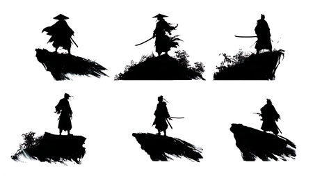 Samurai on Mountaintop Overlooking Silhouette Scene isolated on plain white background.のイラスト素材