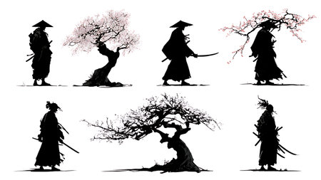 Samurai Under Sakura Tree Silhouette Scene isolated on plain white background.のイラスト素材