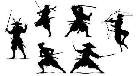 Samurai vs. Ninja Combat Silhouette Pack isolated on plain white background.のイラスト素材