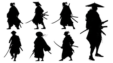 Samurai Warrior Profile View Silhouette Set isolated on plain white background.のイラスト素材