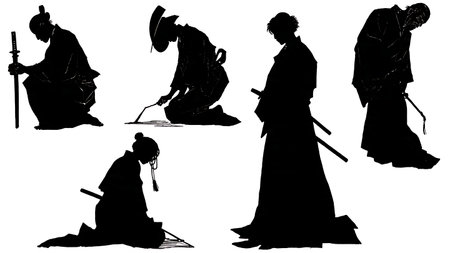 Samurai Seppuku Ritual Silhouette Collection isolated on plain white background.のイラスト素材