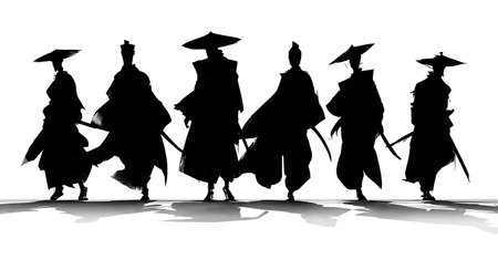 Samurai Shadow Silhouette Effect Vector Set isolated on plain white background.のイラスト素材