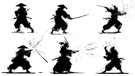 Samurai Weapon Clash with Sparks Silhouette Set isolated on plain white background.のイラスト素材
