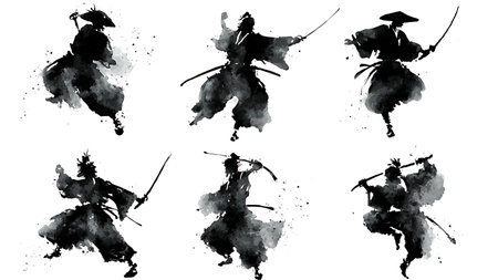 Ink Wash Style Samurai Silhouette Vector Pack isolated on plain white background.のイラスト素材