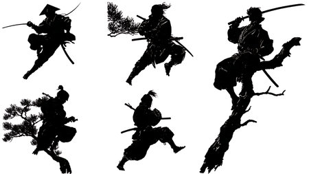 Samurai Acrobatic Environment Attack Silhouette Set isolated on plain white background.のイラスト素材