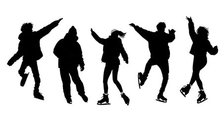 Teenagers Ice Skating with Friends Silhouette isolated on plain white background.のイラスト素材