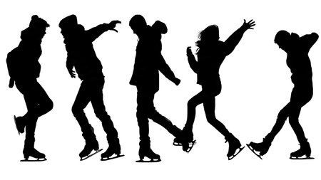 Teenagers Ice Skating with Friends Silhouette isolated on plain white background.のイラスト素材