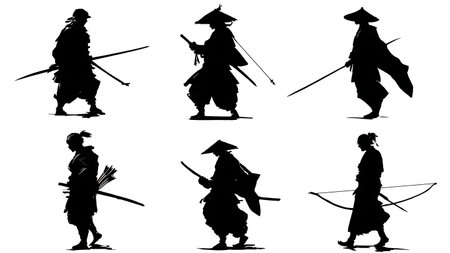 Samurai with Various Traditional Weapons Silhouette Set isolated on plain white background.のイラスト素材