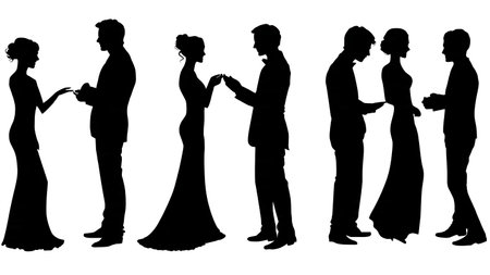 Secret Handshake Wedding Couple Silhouette Pack isolated on plain white background.のイラスト素材