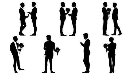 Gay Wedding Couple Two Grooms Silhouette Collection isolated on plain white background.のイラスト素材