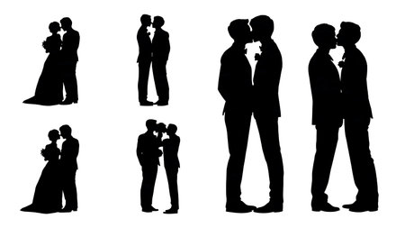 Gay Wedding Couple Two Grooms Silhouette Collection isolated on plain white background.のイラスト素材